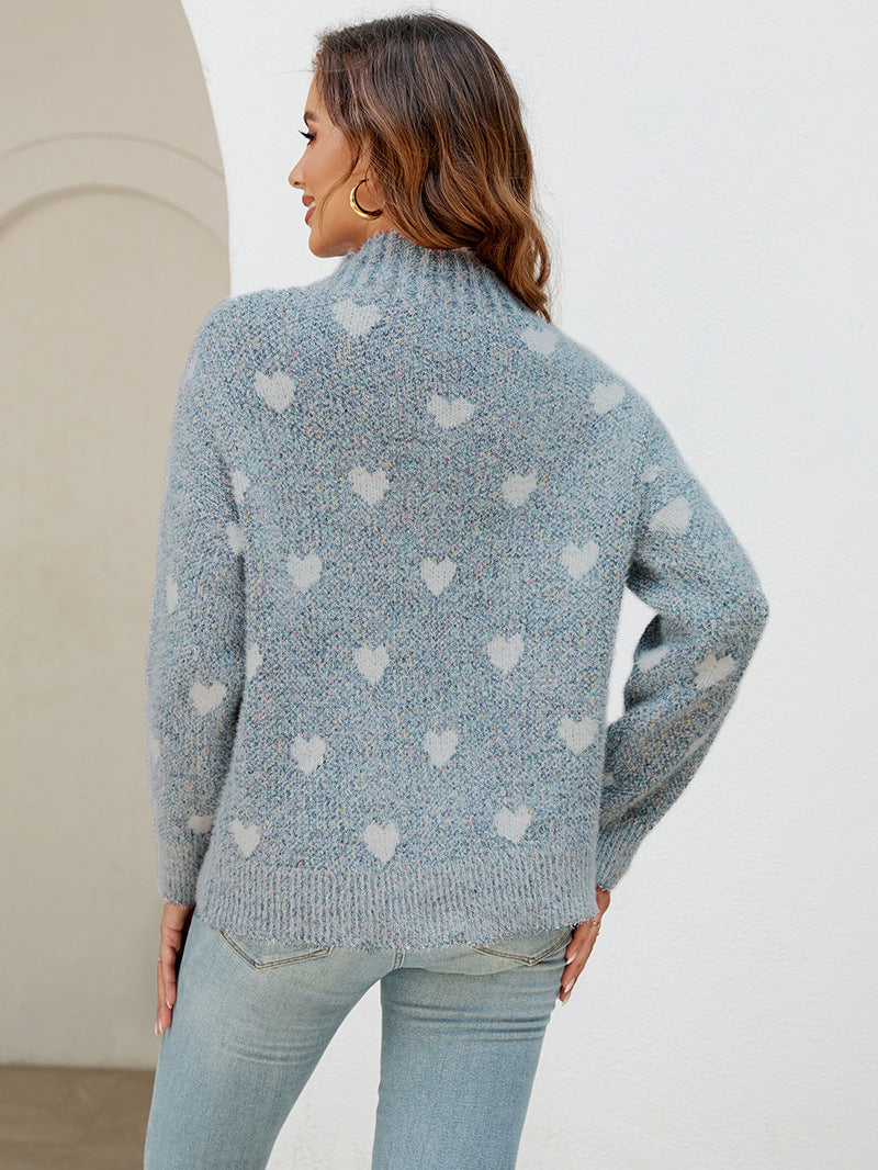 Valentine's Heart jacquard turtleneck sweater for women