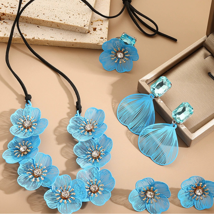 Metal hollow blue flower earrings&necklace