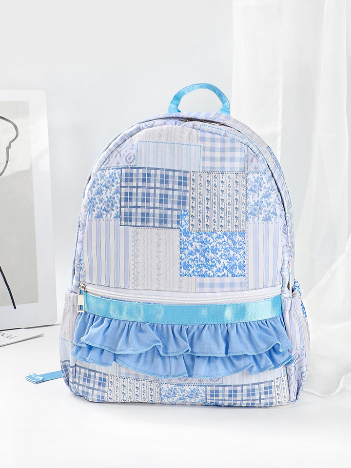 Blue Patchwork Gingham Plaid Ruffle Backpack