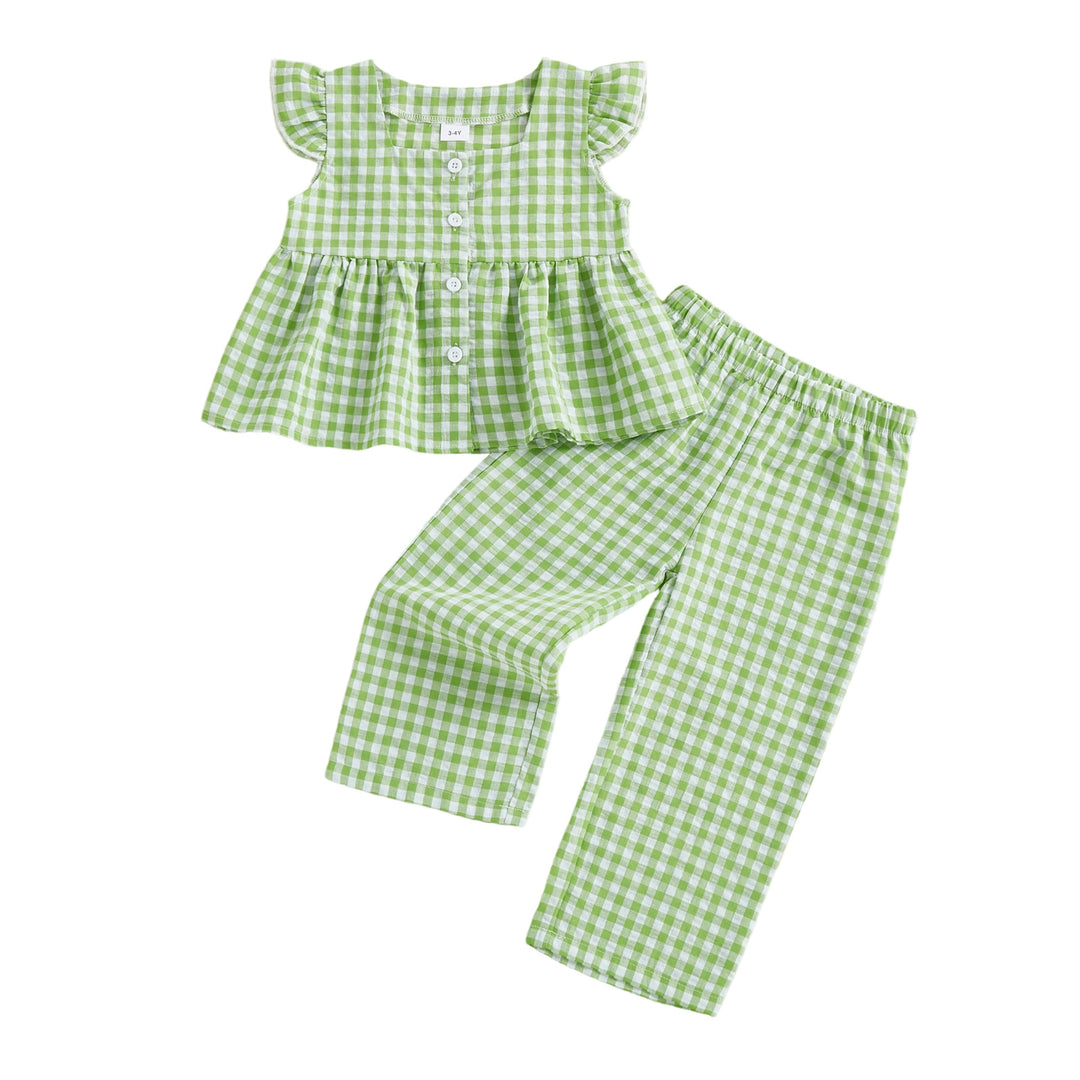 Girls' cotton plaid button ruffle to&pants 2pcs set