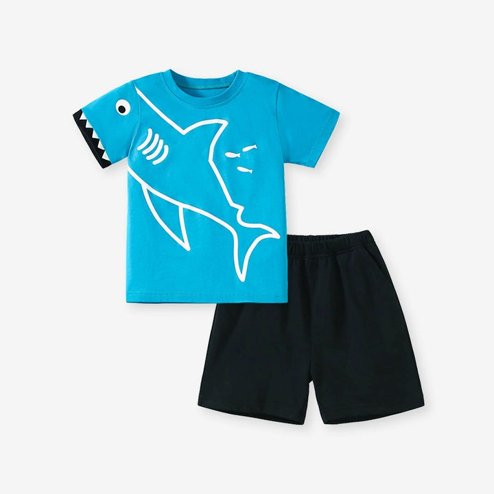 Boys' cotton blue shark tee&short set for summer