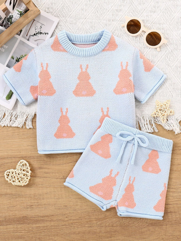 Easter bunny Jacquard short-sleeved knitted top&shorts set