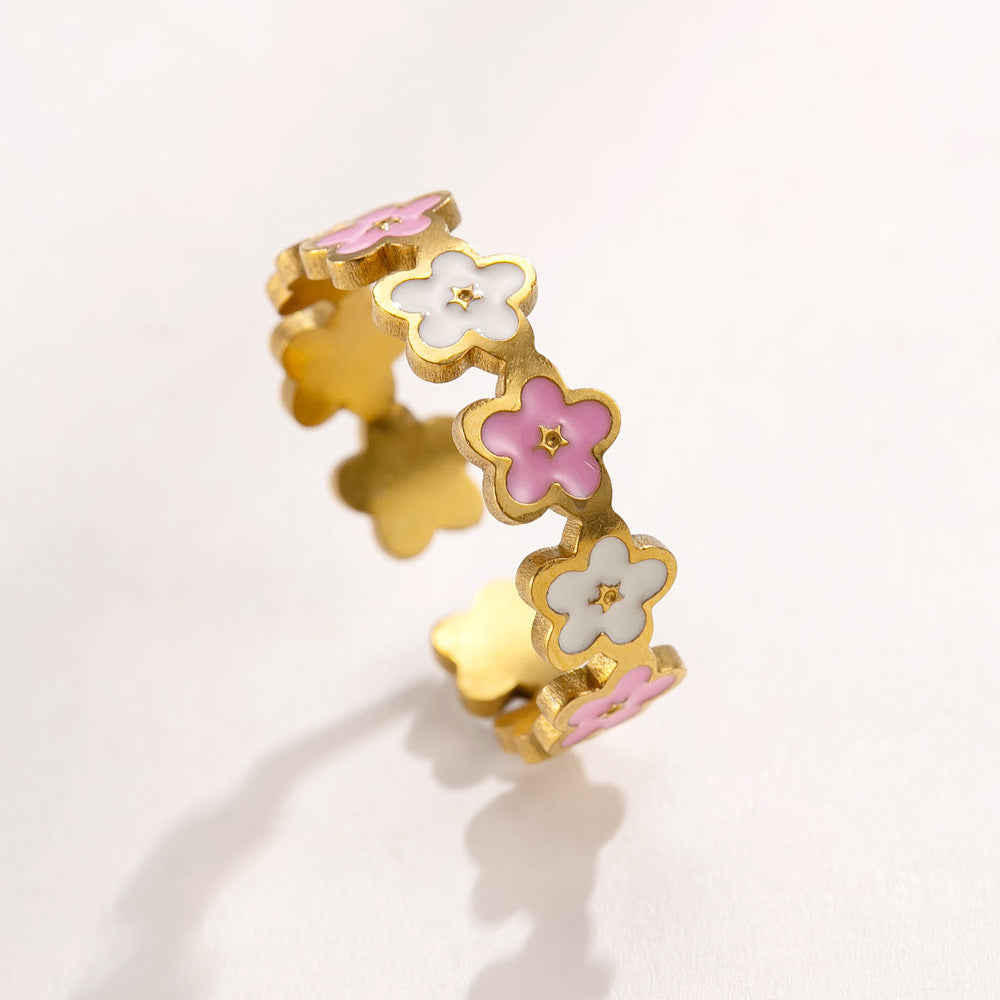 Colorful smiley flower adjustable titanium steel ring