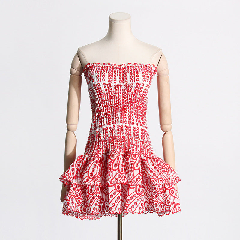 Embroidered tube top puffy mini dress