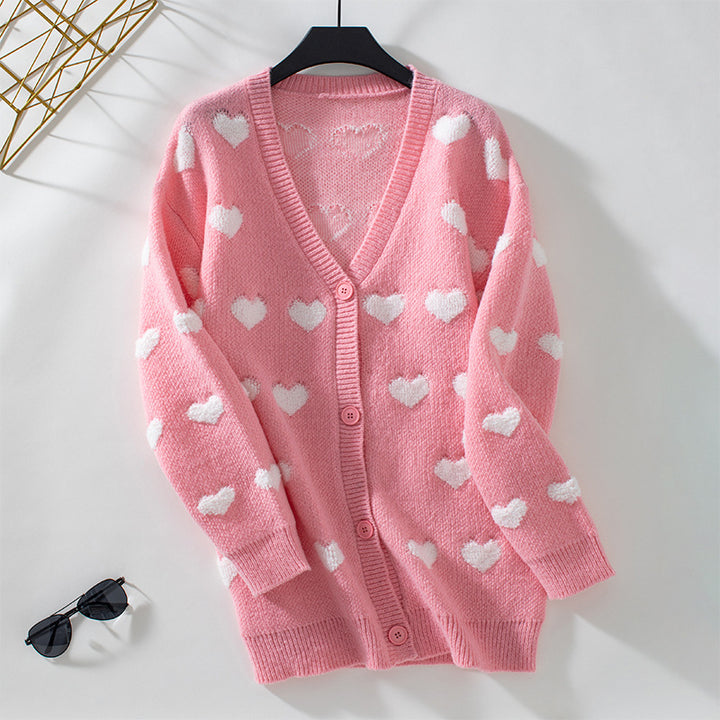 Valentine's Chenille Embroidery Heart  Mid-length knitted cardigan