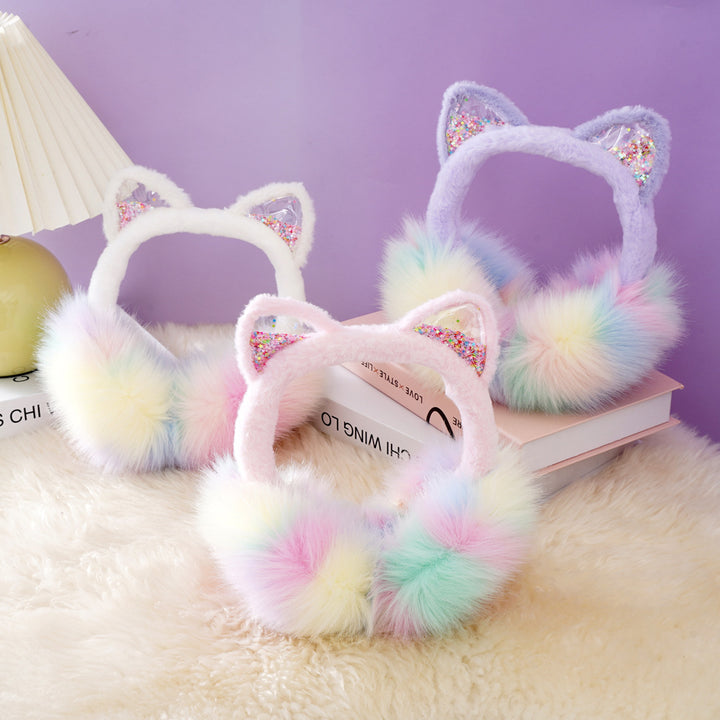 Sequin quicksand colorful furry Cat Earmuffs for kids