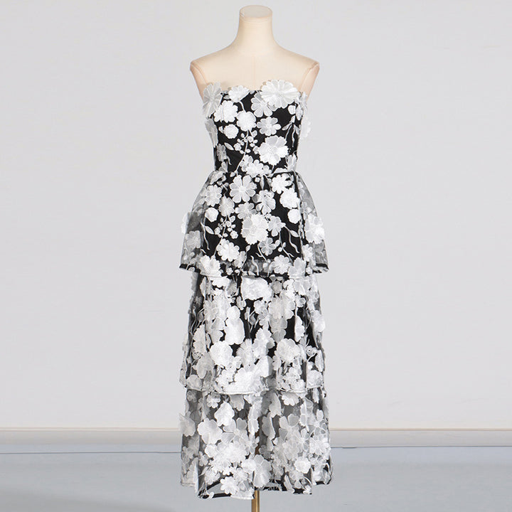 Tube top 3D stitching flower ruffle layered dress