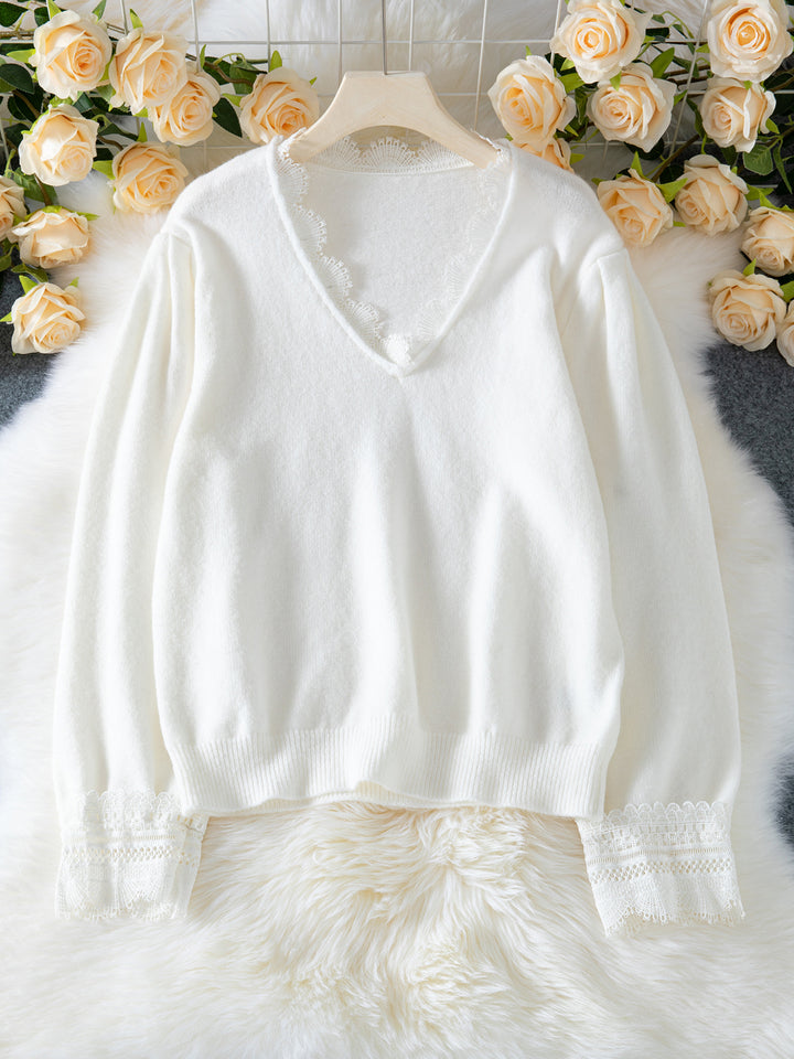 V-neck Lace stitching elegant pullover sweater