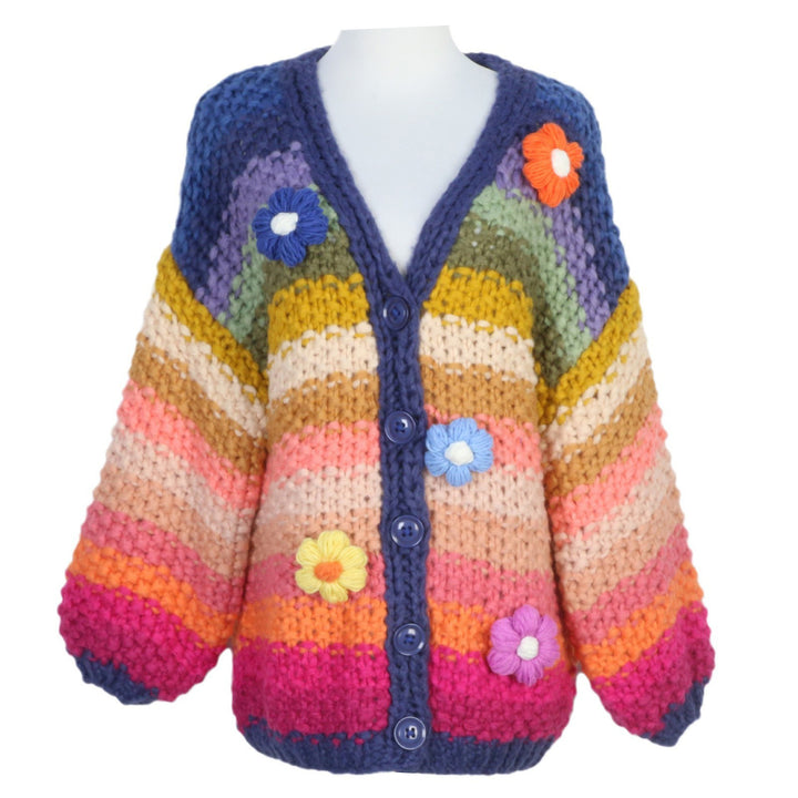 Rainbow striped handmade flower thick sweater cardigan