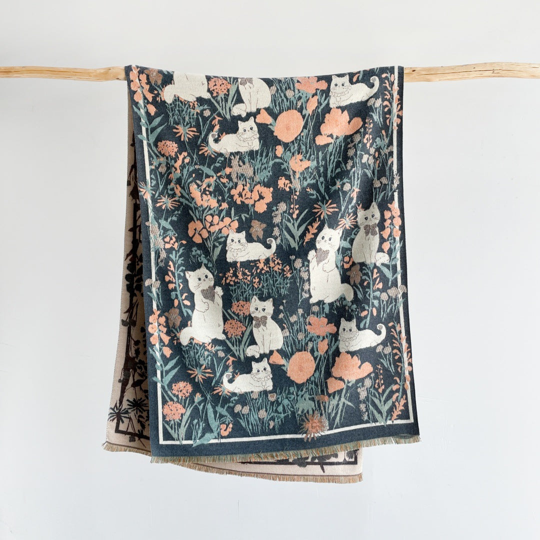 Cute cat jacquard warm scarf shawl for women