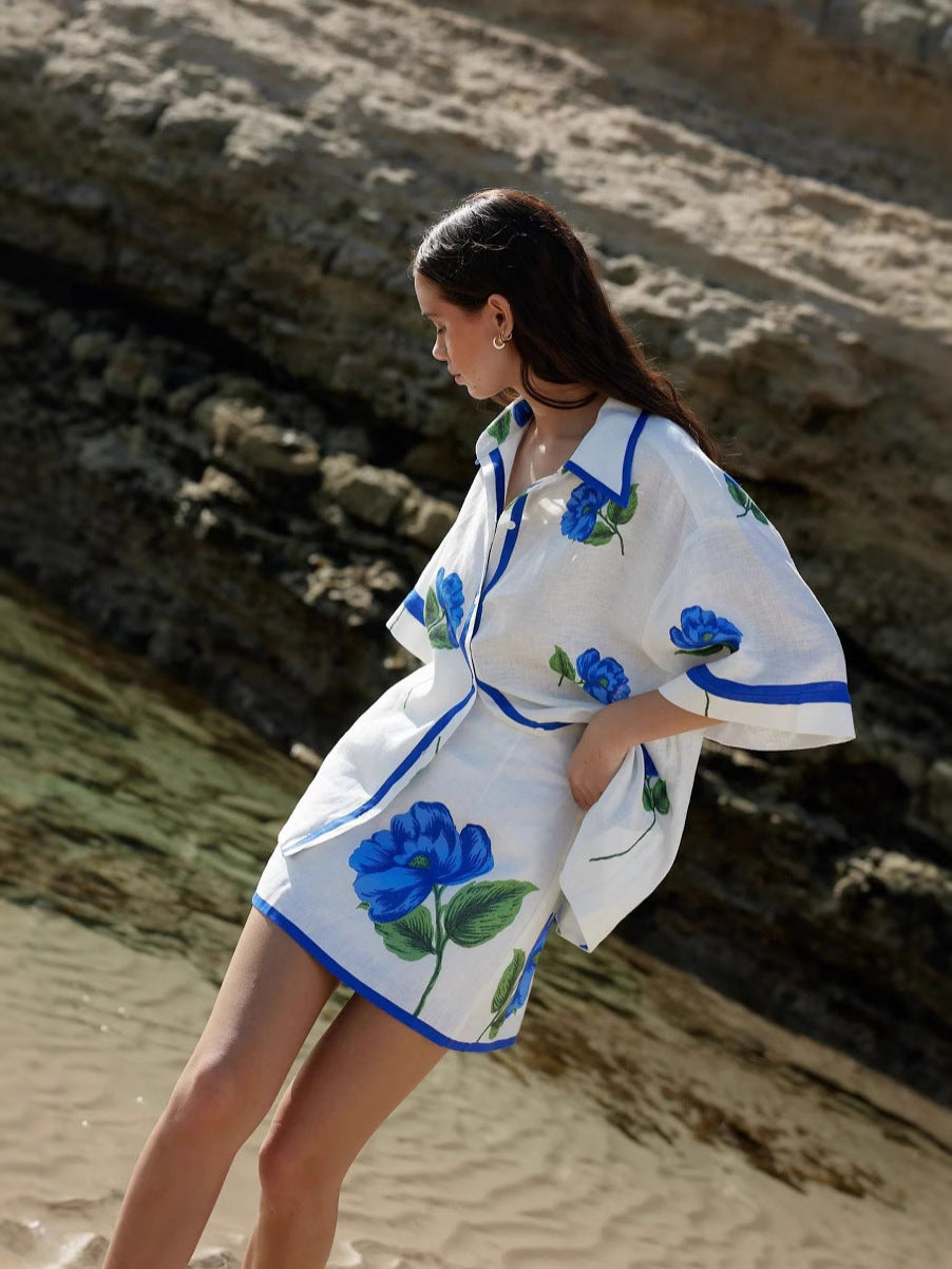 Casual Linen floral Shirt&Hip Skirt Set