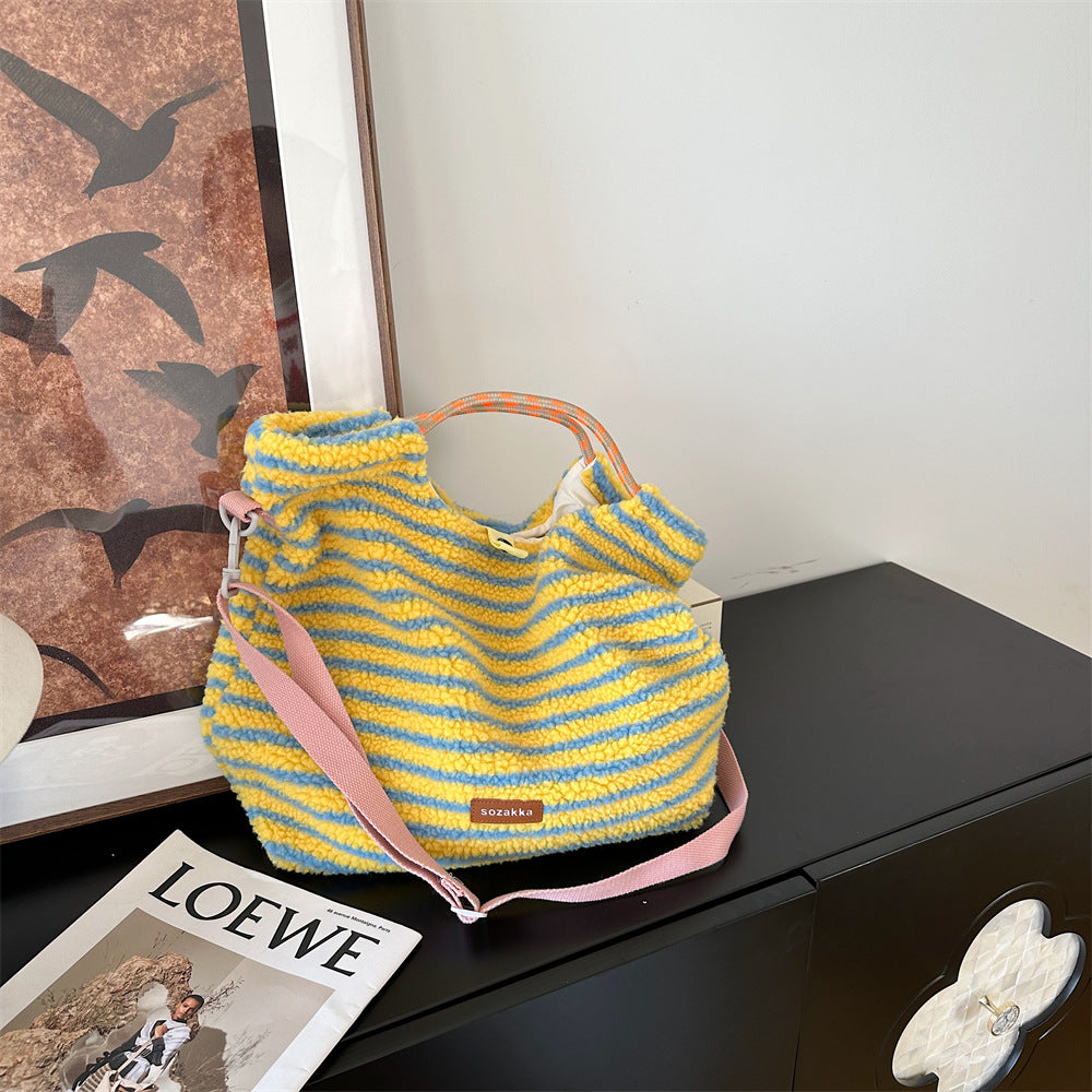 Striped plush large capacity shoulder tote bag