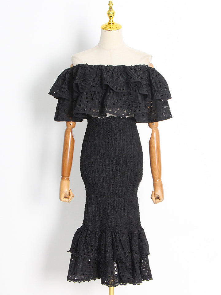 Women's ruffle one-shoulder top& Fishtail hip skirt