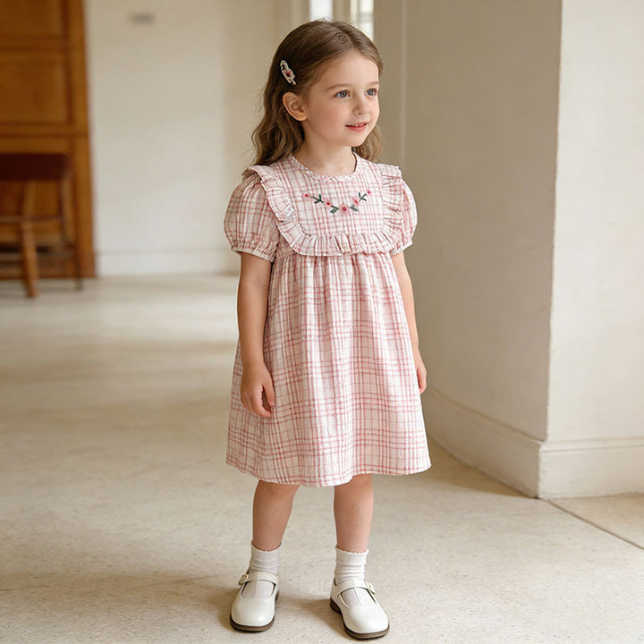 Girls' plaid floral embroidered short-sleeved dress