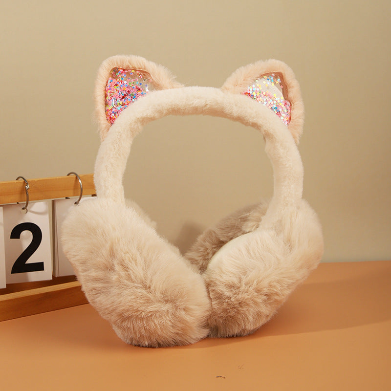 Sequin quicksand colorful furry Cat Earmuffs for kids