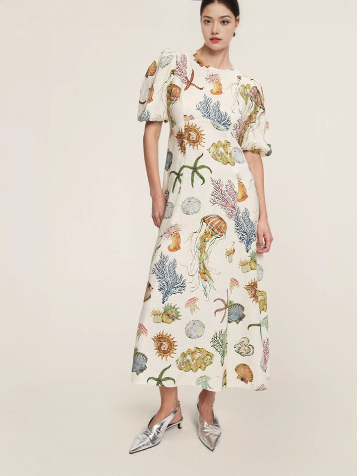 Deep Sea Dreaming Lantern Sleeve Round Neck Linen Dress