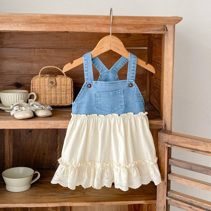 Baby denim stitching lace ruffle suspender dress