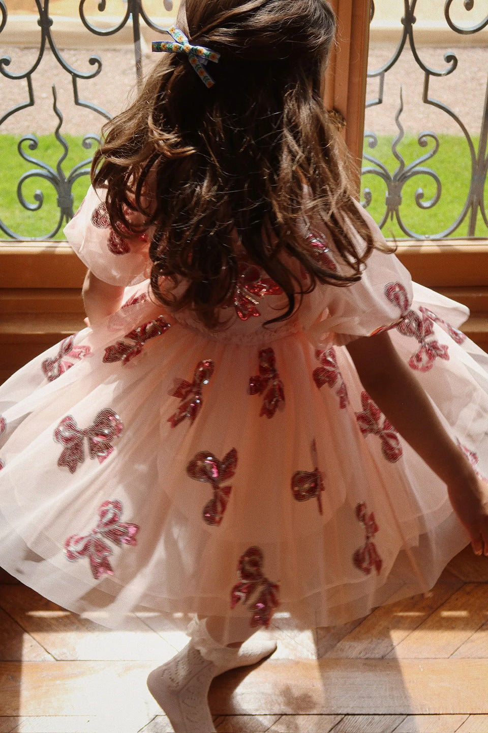 Pink sequin bow tutu puff dress for girls-preorder