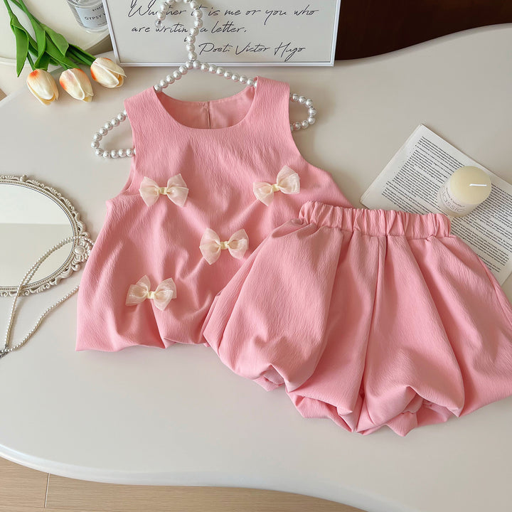 Girls bow-deco sleeveless pink dress for summer