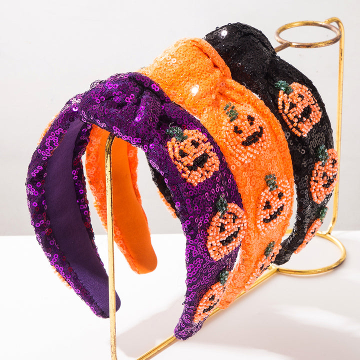 Hand-beaded Sequined Pumpkin Knotted Headband Halloween Hair Accessory