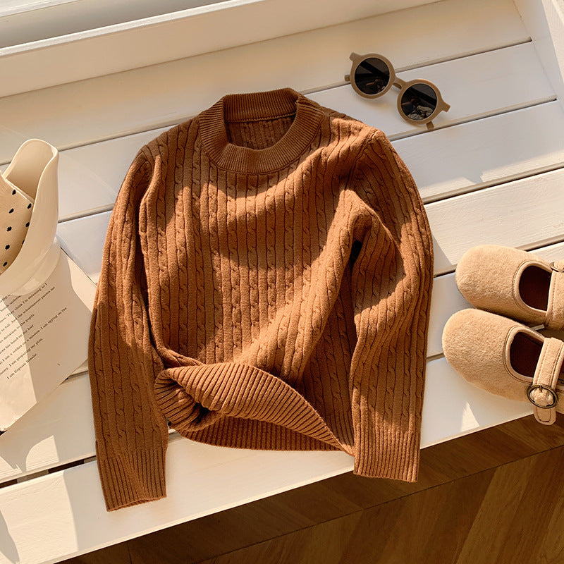 Children's solid color twist round neck knitted sweater