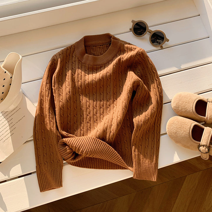 Children's solid color twist round neck knitted sweater