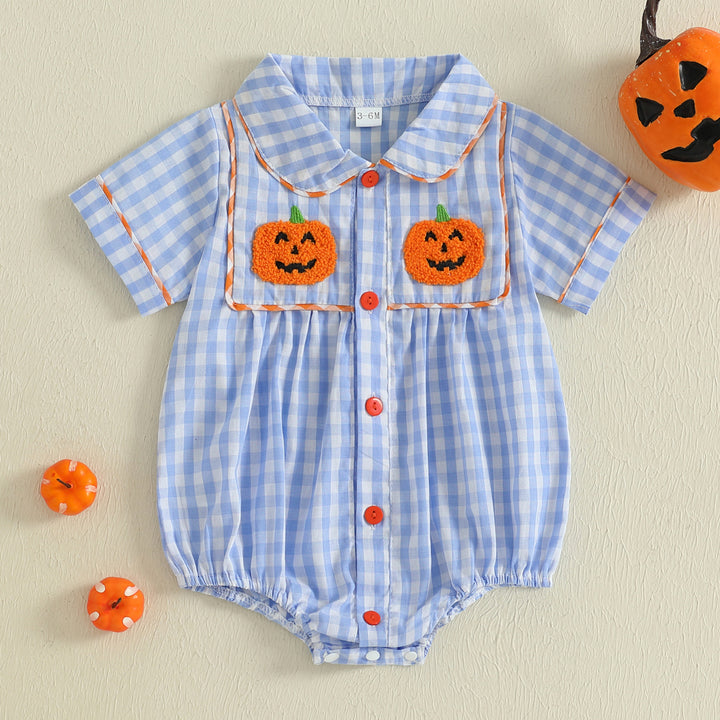 Halloween lapel pumpkin embroidery short sleeved triangle romper