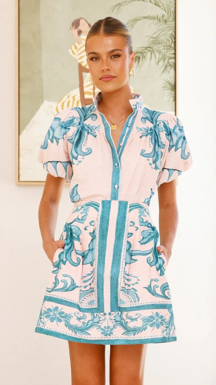 Unique floral printed Puff Sleeve shirt&Skirt set