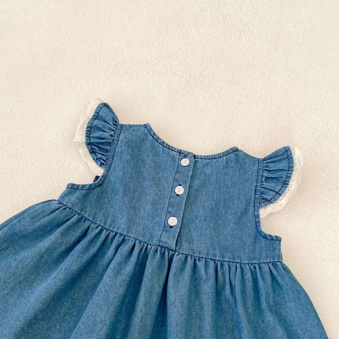Baby denim lace dress top&bubble short 2pcs set