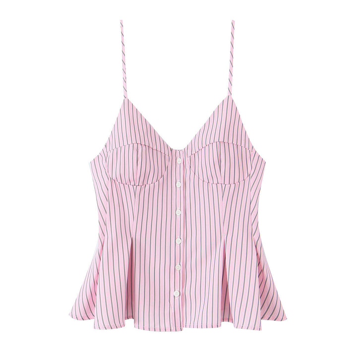 V-neck button-down striped pleated camisole top