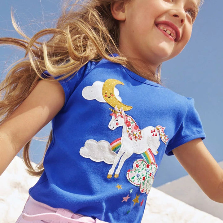 Unicorn applique blue cotton tee for girls