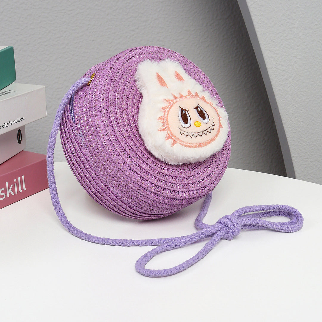 Cartoon cute monster Handmade Woven Straw Crossbody Bag