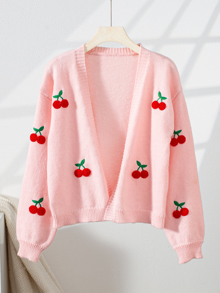 Cherry Embroidery Pink Sweater Cardigan for women
