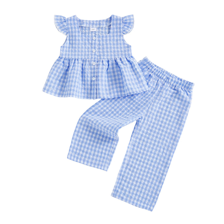 Girls' cotton plaid button ruffle to&pants 2pcs set