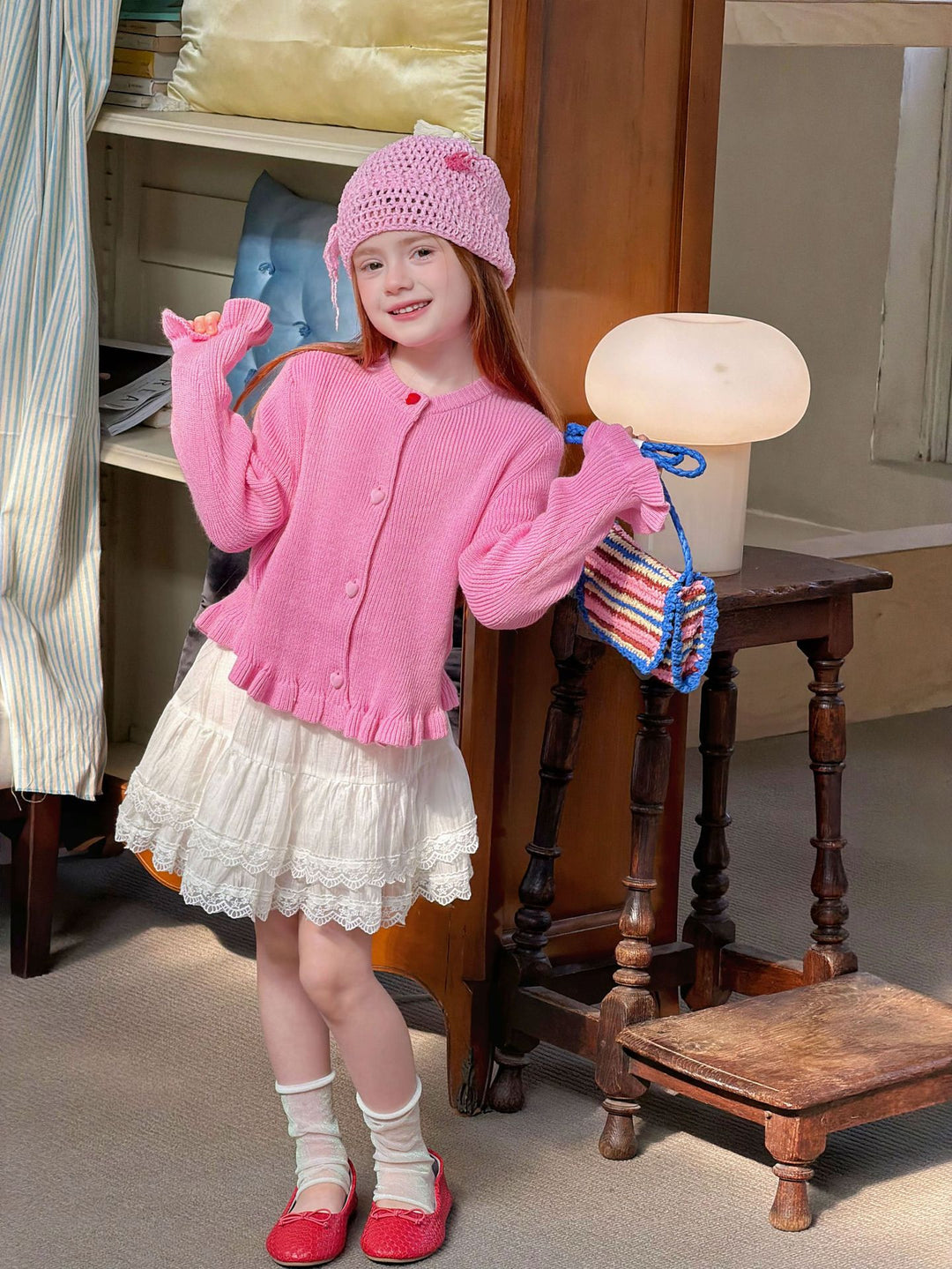 Girls' sweet pink knitted sweater cardigan