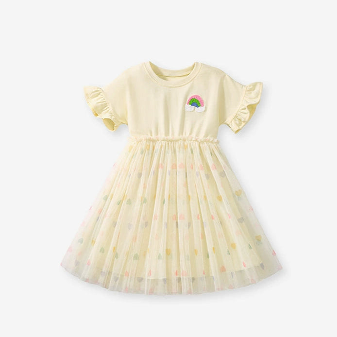 Girls Lotus Sleeve Rainbow mesh dress