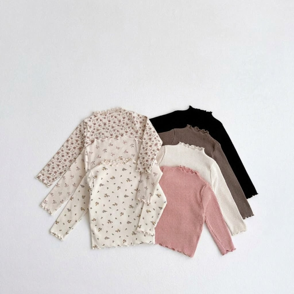 Girls Floral Mock Neck Lettuce Trim Top