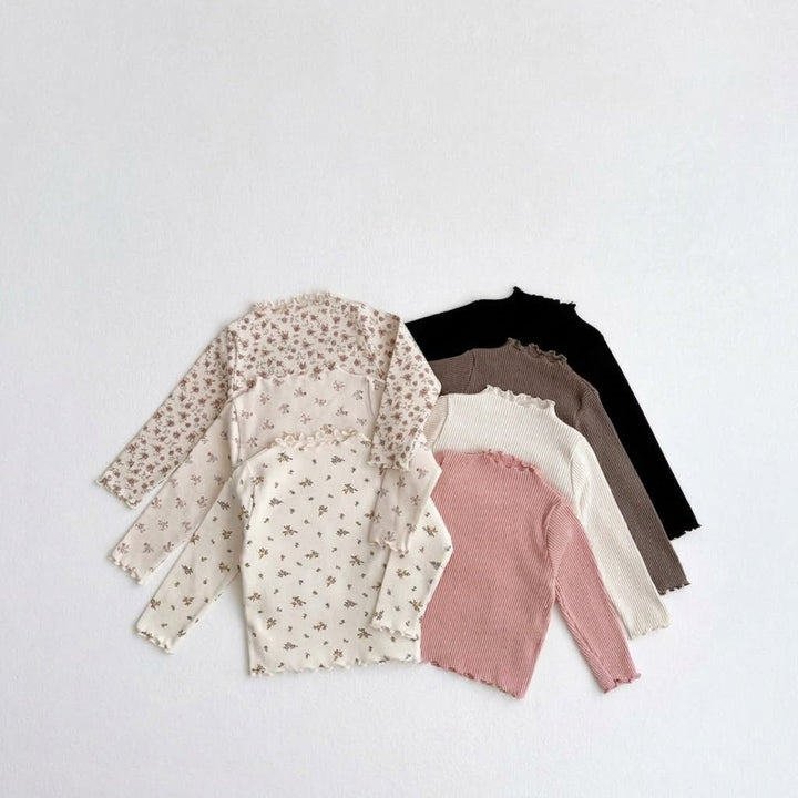 Girls Floral Mock Neck Lettuce Trim Top