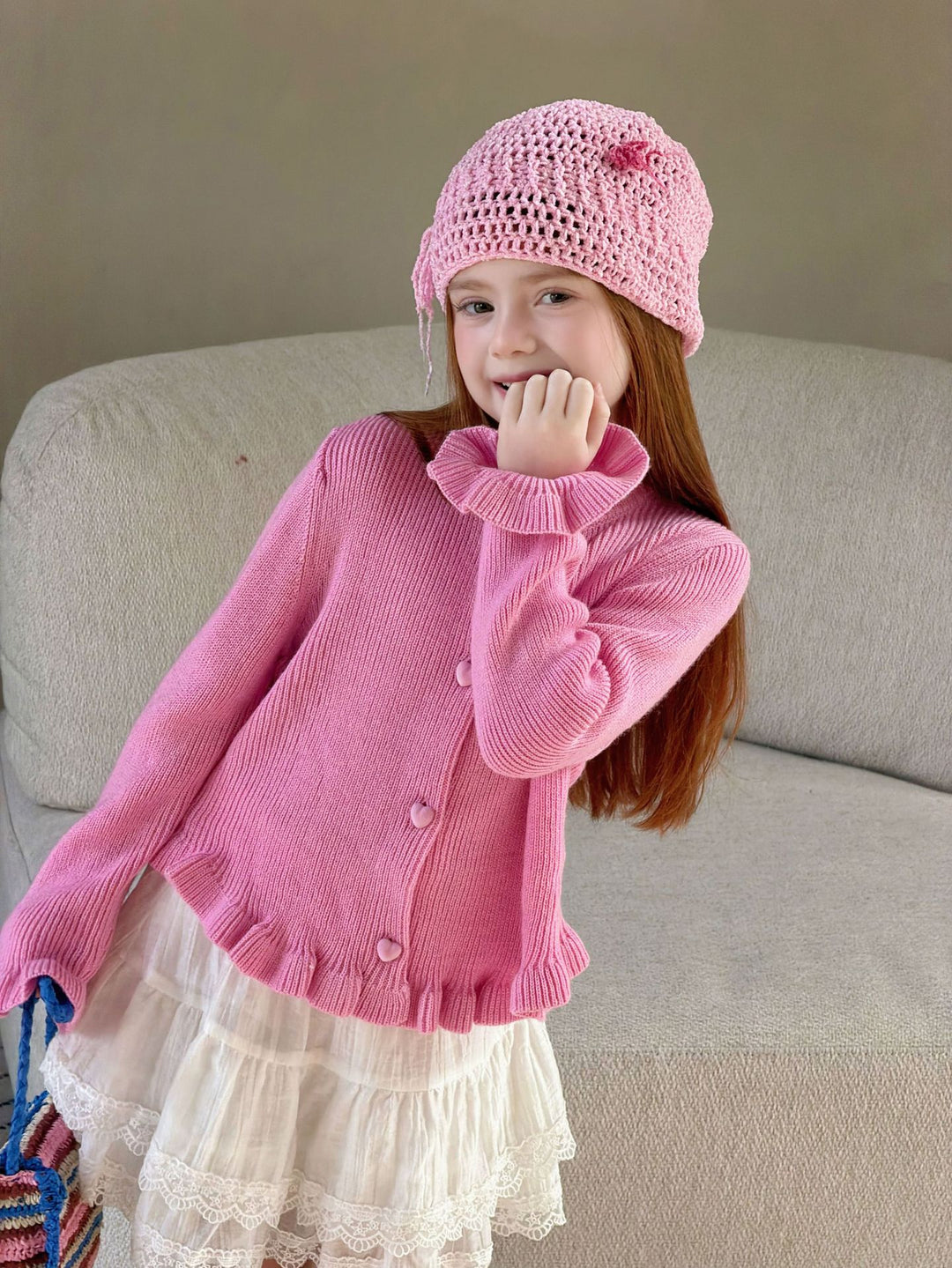 Girls' sweet pink knitted sweater cardigan