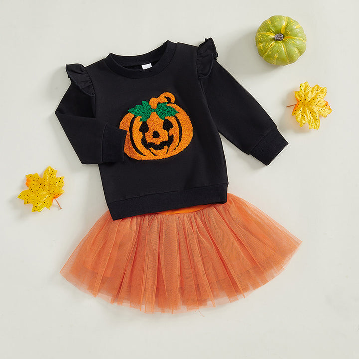 Halloween Girls Sweet Pumpkin Embroidered Top&Mesh Skirt set