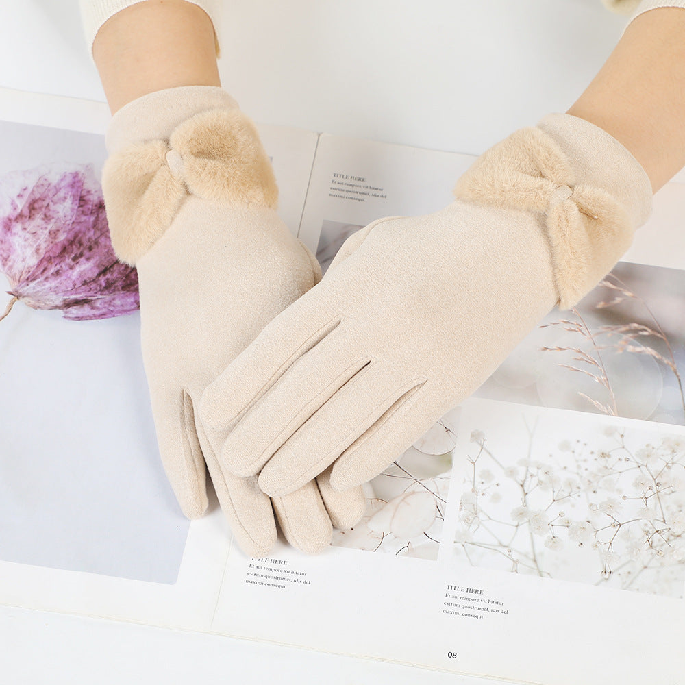 Women's winter gloves fleece-lined bow gloves