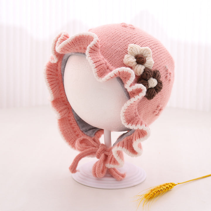 Baby cute sweet flower ruffle hem knitted hat