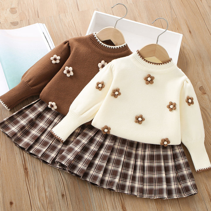 Girls flower knitted sweater&pleated skirt 2pcs set