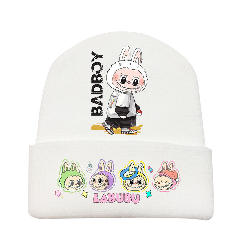 Cute monster printed knitted beanie hat-white