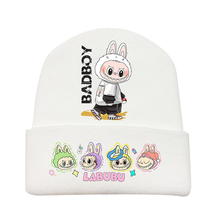 Cute monster printed knitted beanie hat-white