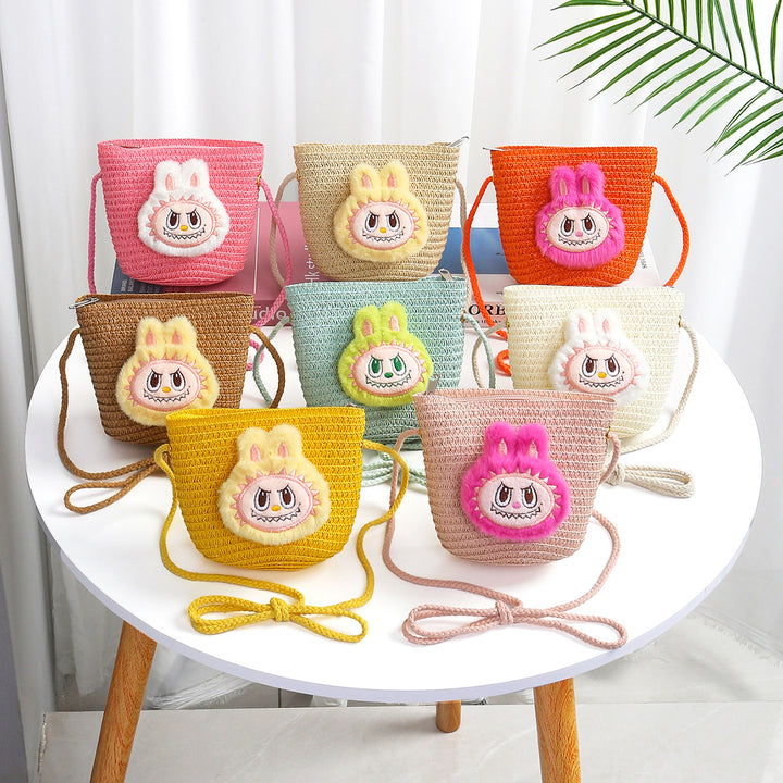 Cartoon cute monster Handmade Woven Straw Crossbody Bag