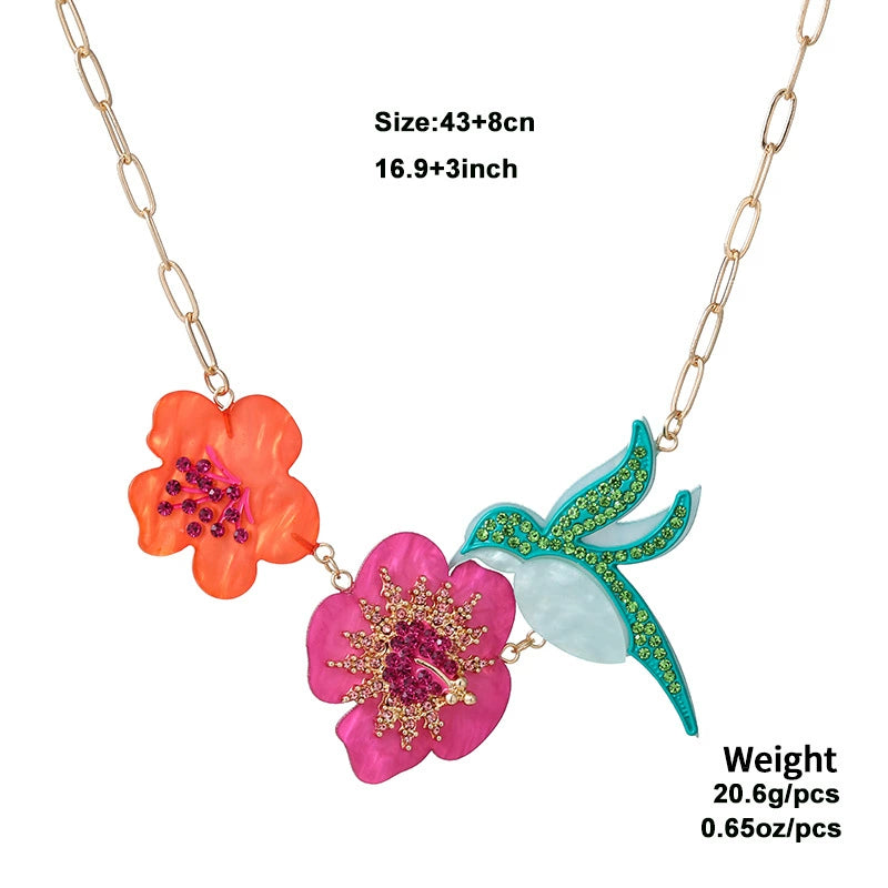 Spring &Summer Acrylic Flower Bird Diamond Necklace