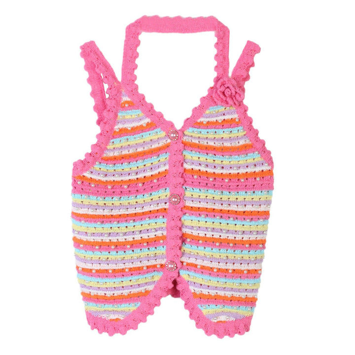Pink striped knitted cardigan sweater