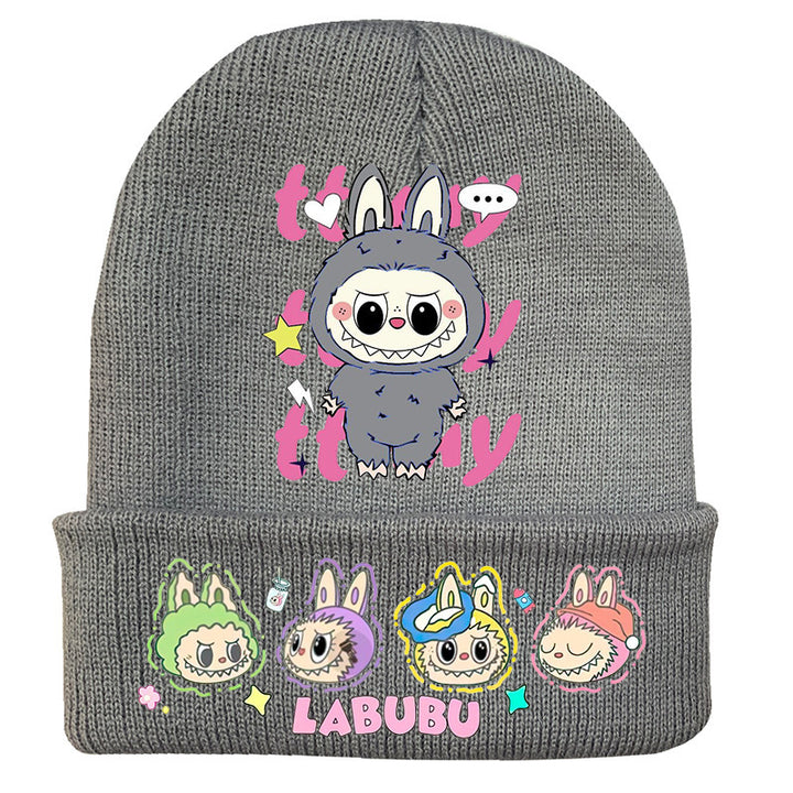 Cute monster printed knitted beanie hat-gray