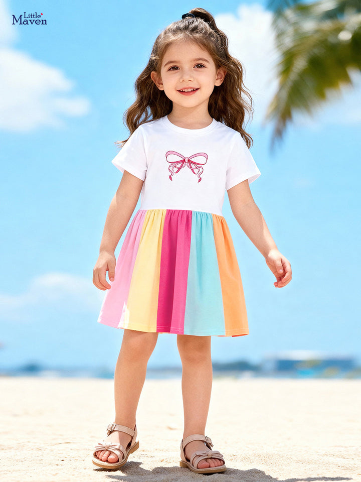 Girls' Summer short-sleeved bow Rainbow dress